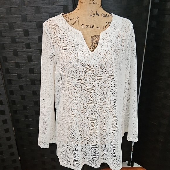 Slinky Brand White Crochet Long Sleeve Top Size Large - Picture 1 of 12